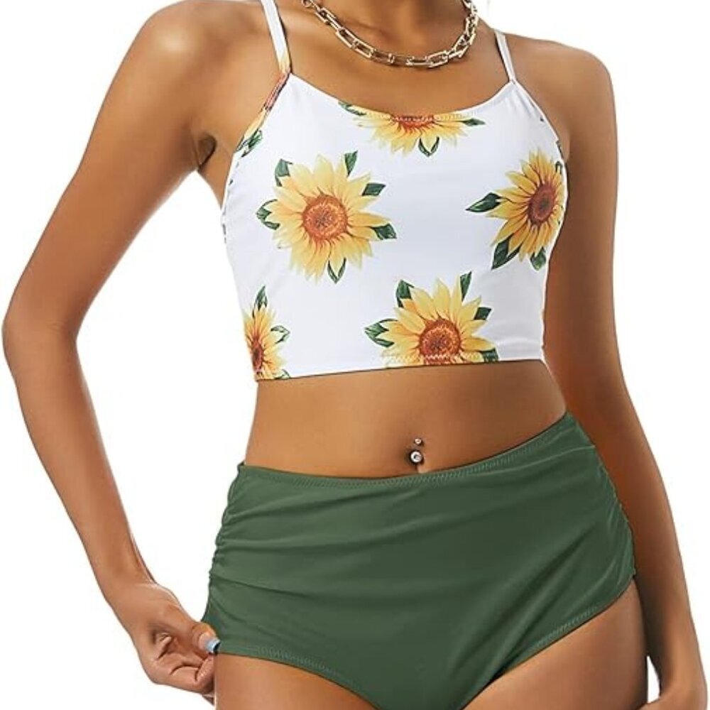 ZAFUL SUNFLOWER LACE UP BACK TANK & HIGH WAIST RUCHED BIKINI SET SIZE SMALL NWT